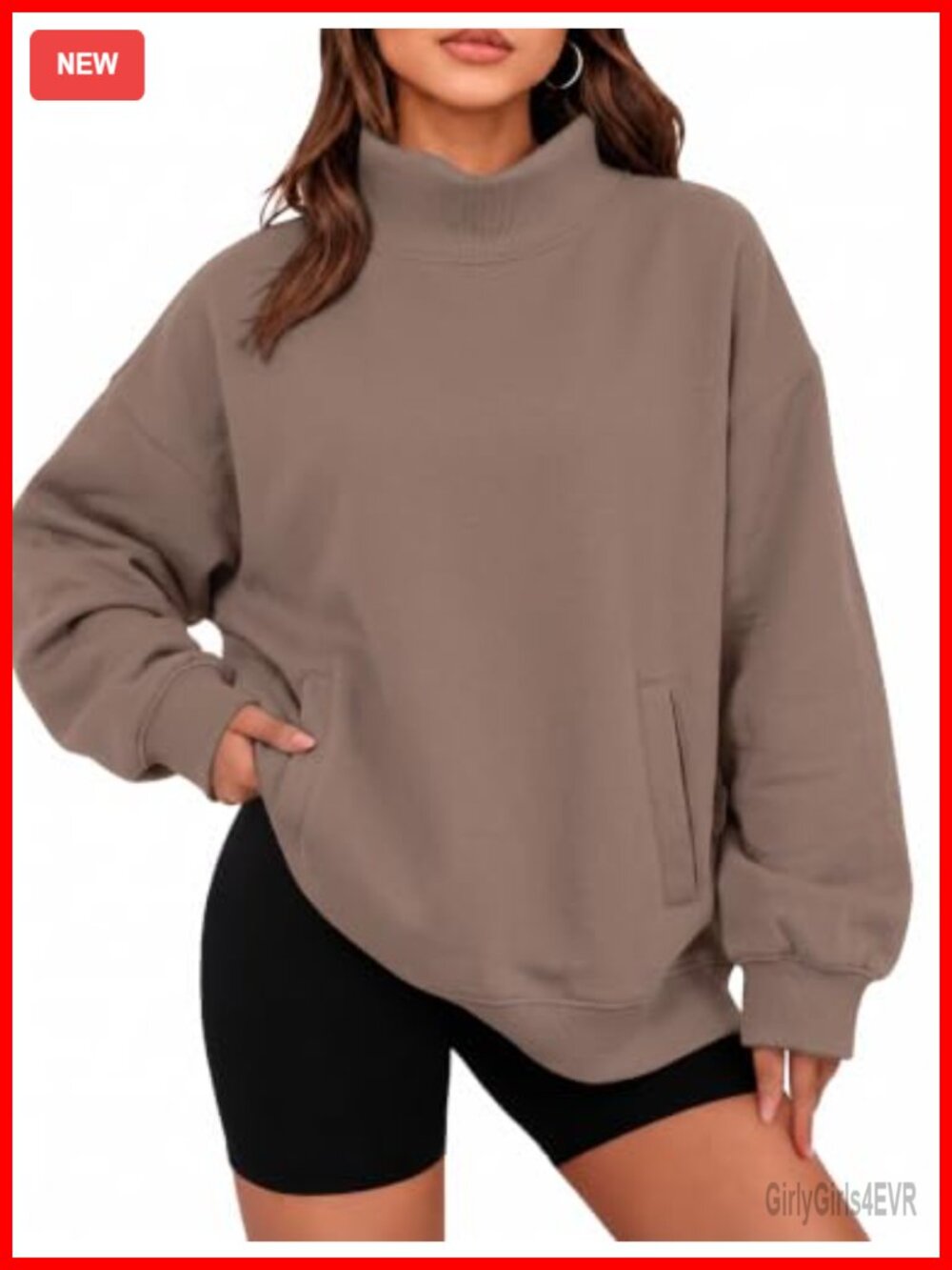 Womens Oversized Fleece Sweatshirt Mock Neck Pullover with Pockets